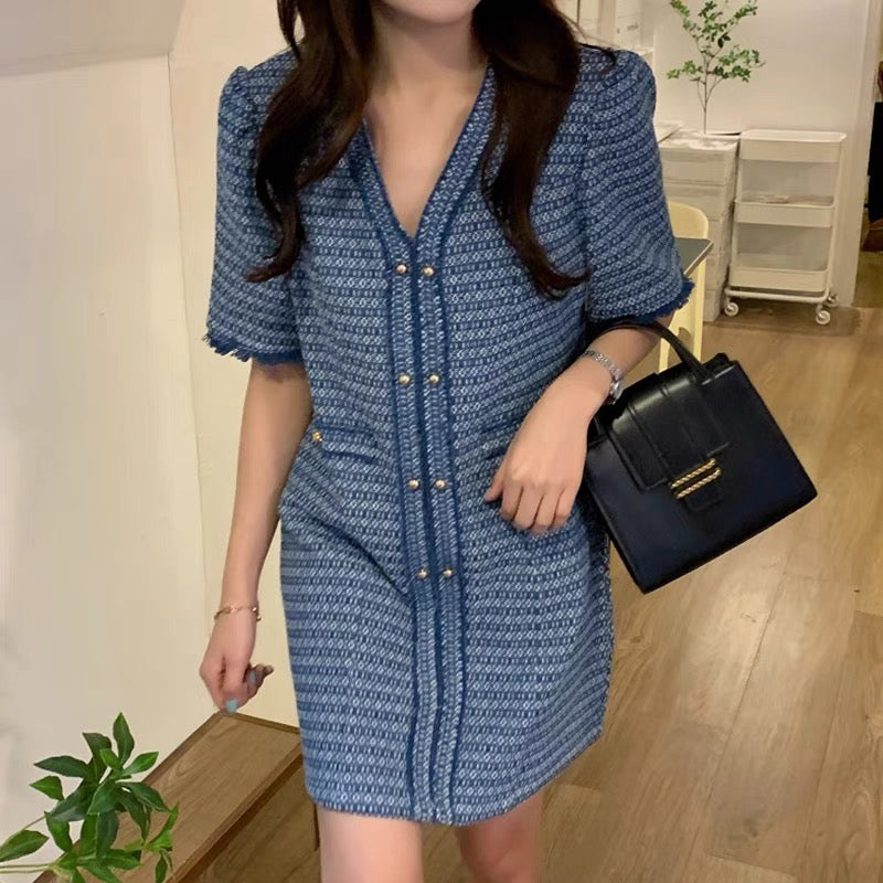 Short Sleeve V-Neck Blue Patterned Tweed A-Line Mini Dress