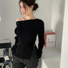 Designer Single-Shoulder Boat Neck Ribbed Knit Top with Side Slit