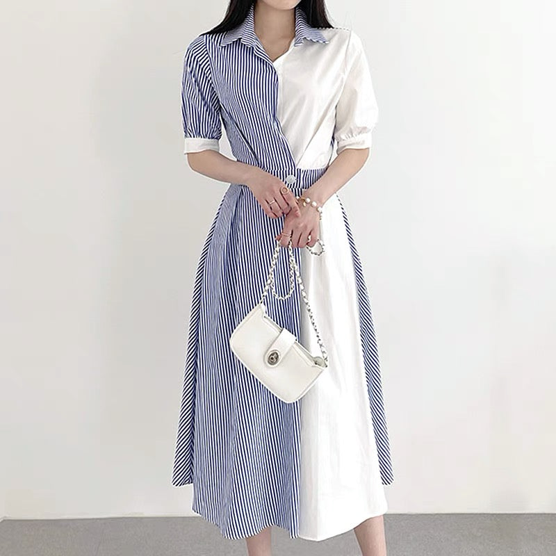 Designer Color Block Stripe Shirt Dress