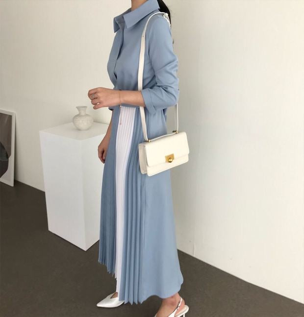 Two Tone Color Block Pleated Long Sleeve Shirt Dress