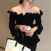 Black Velvet Ruffles Drop Shoulder Peplum Top