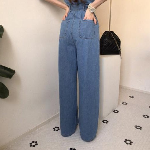 Square Neck Belted Denim Jumpsuit