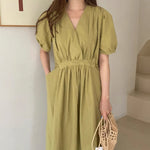 Matcha Green / Beige V-Neck Belted Dress with Pockets