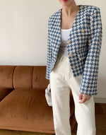 V-Neck Collarless Houndstooth Jacket with Pearly Buttons