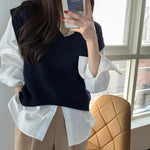 Korean Style White Shirt with Knitted V-Neck Vest