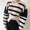 Round Neck Drop Shoulder Stripe Sweater with Gathered Waist and Slit