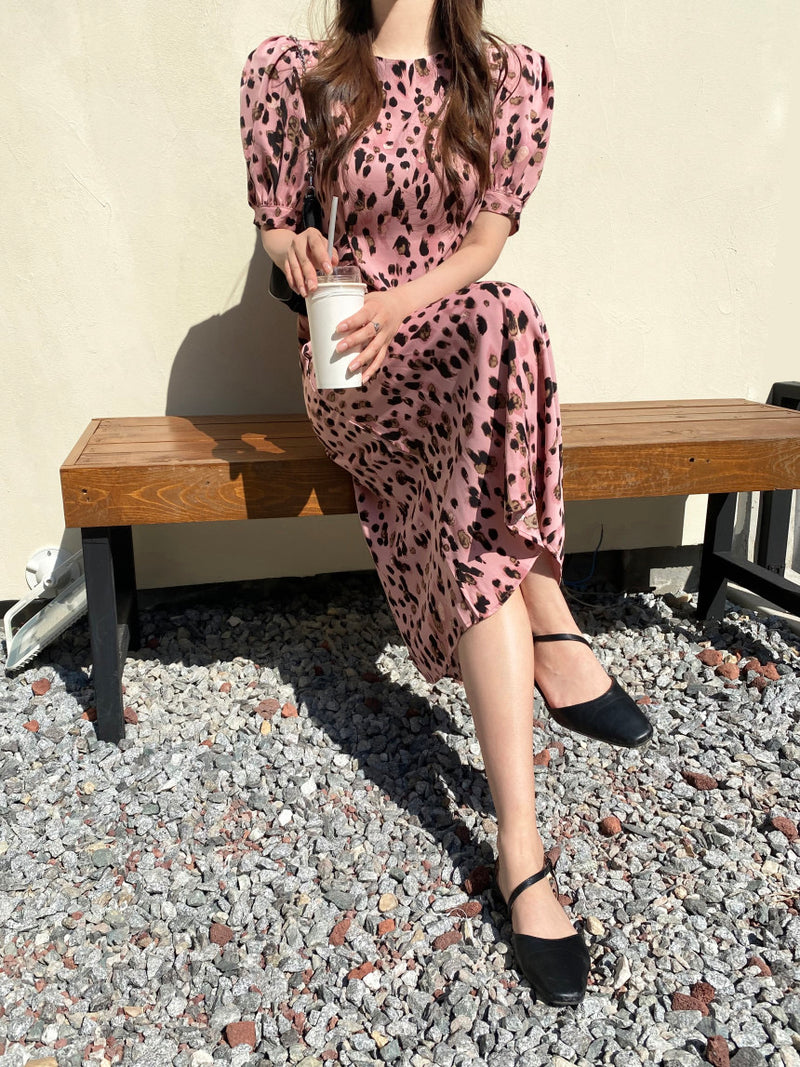 Pink Leopard Chiffon Midi Dress