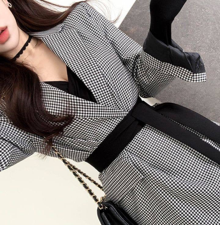 Designer Asymmetrical High-Low Blazer in Plaids with Belt