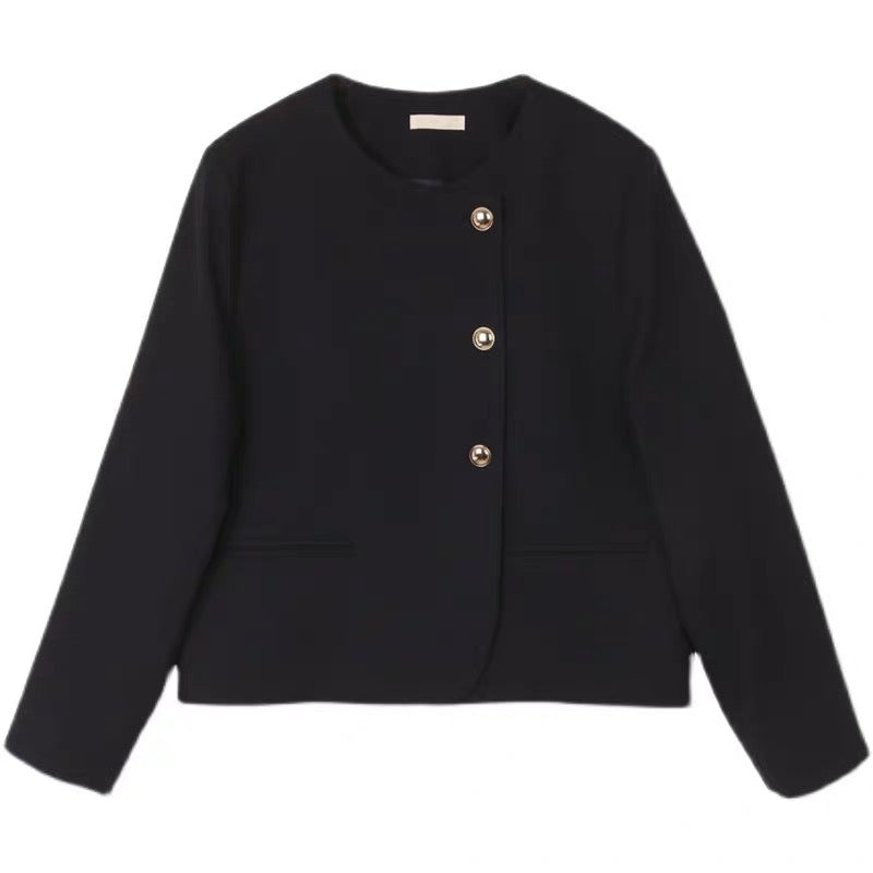 Round Neck Collarless Jacket with Side Buttons