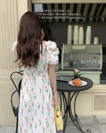 Tulip Print Short Sleeve Double V-Neck Midi Dress