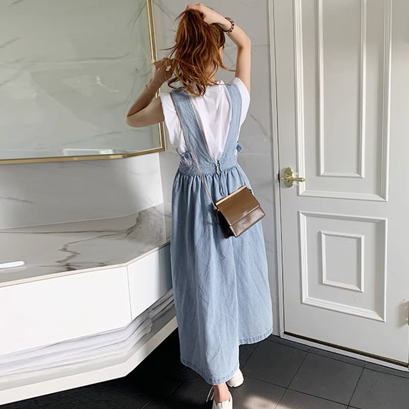 Denim V-Neck Strap Pullover Midi Dress