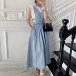 Denim V-Neck Strap Pullover Midi Dress