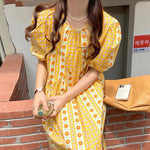 Sun Flower Stripe Round Neck Short Sleeve Checked Midi Dress