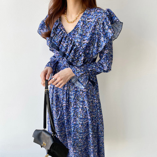 Long Sleeve V-Neck Floral Dress with Cross-Over Ruffles