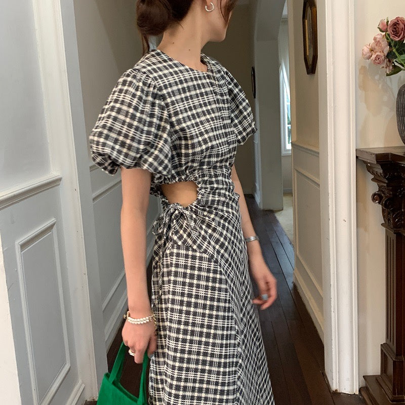 Gingham Midi Dress with Waist Cut Outs