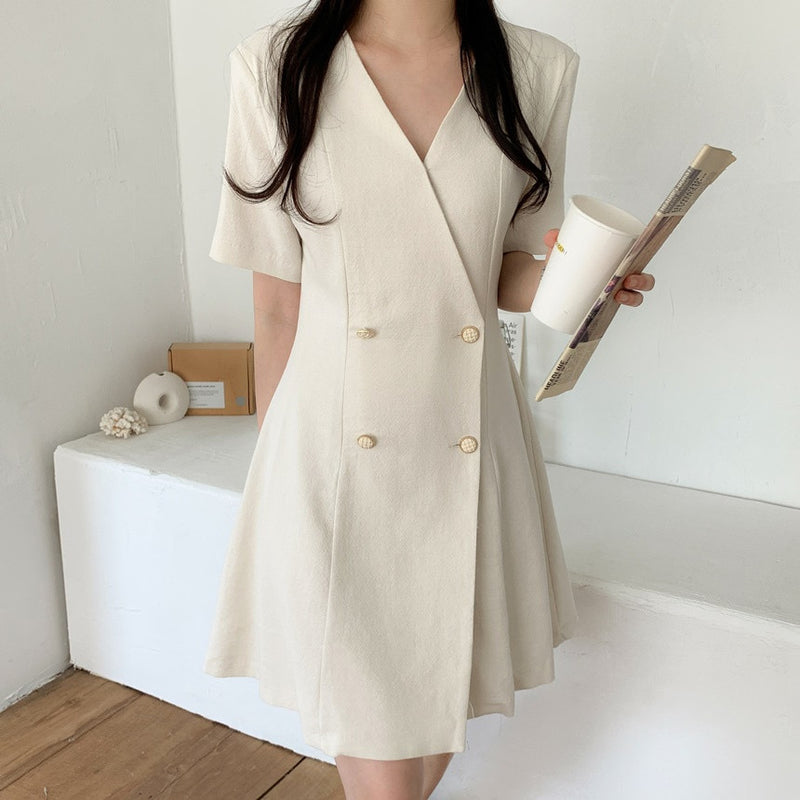 V-Neck Double-Breasted Short Sleeve Dress