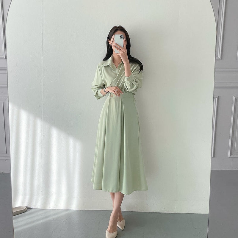 Long Sleeve Chiffon One Button Shirt Dress