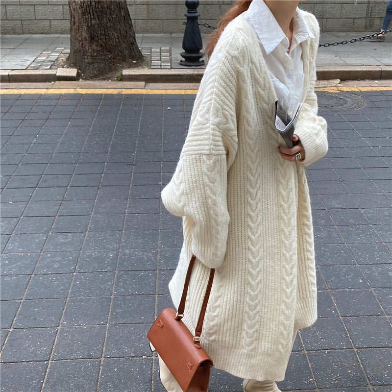 Cable Knit Open Front Relaxed Long Cardigan