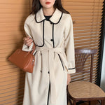 French Style Contrast Trim Double Face Wool Blend Belted Coat