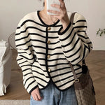 Round Neck Black & White Stripe Knitted Cardigan with Gold Buttons