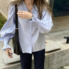 Smocked V-Neck Botton-Up Blouse