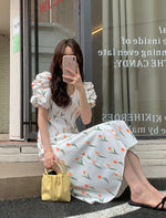 Tulip Print Short Sleeve Double V-Neck Midi Dress