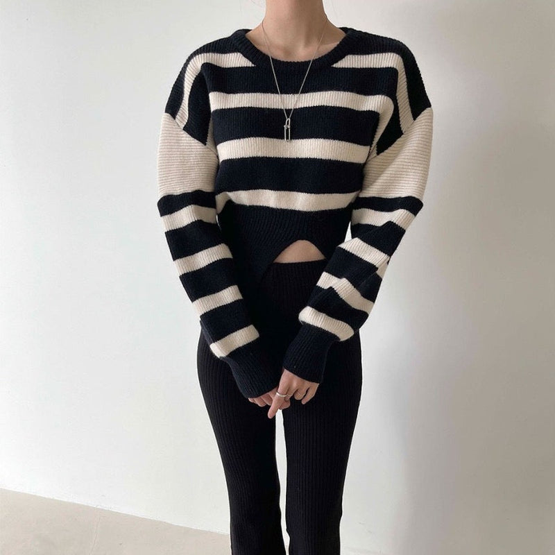 Round Neck Drop Shoulder Stripe Sweater with Gathered Waist and Slit