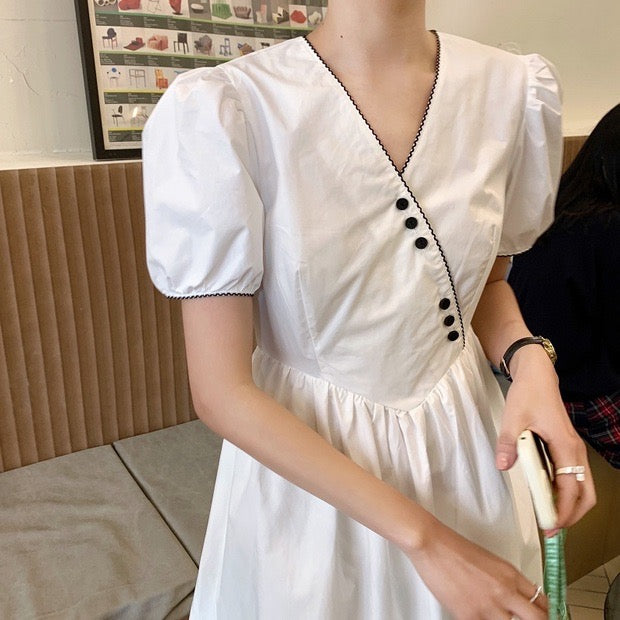 V-Neck Button Detail Midi Cotton Dress