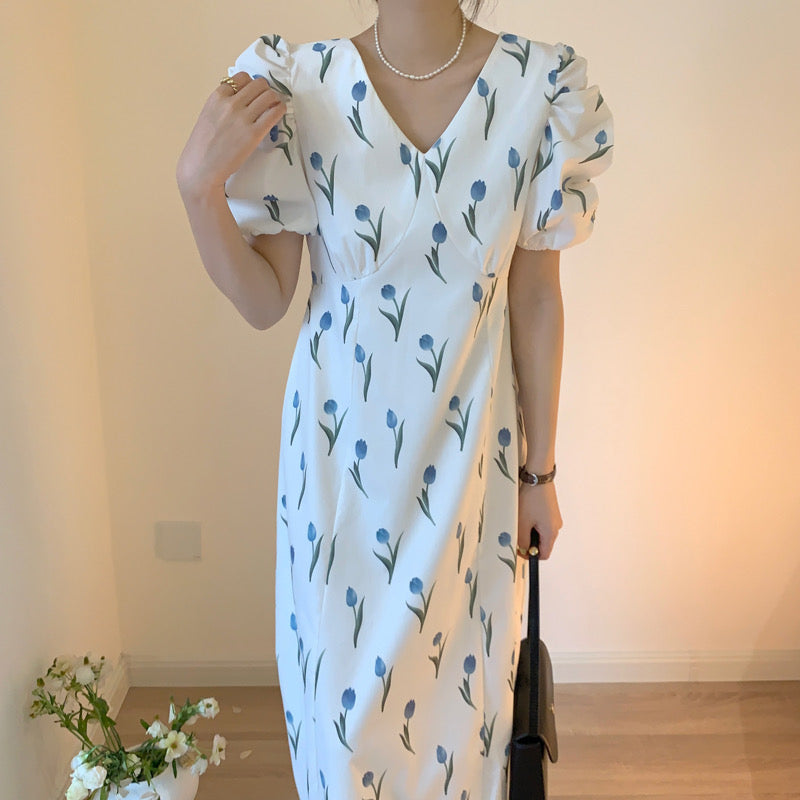 Tulip Print Short Sleeve Double V-Neck Midi Dress