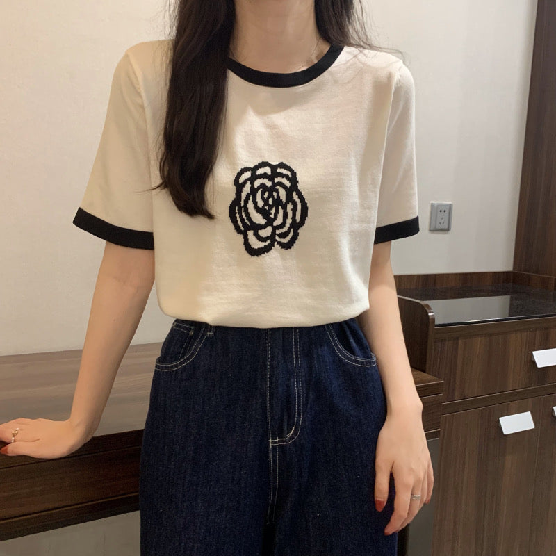 Camellia Flower Color Contrast Soft Knit Short Sleeve Top