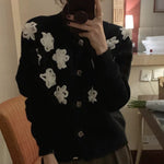 Retro Style Black Cardigan with 3D White Flowers