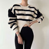 Round Neck Drop Shoulder Stripe Sweater with Gathered Waist and Slit