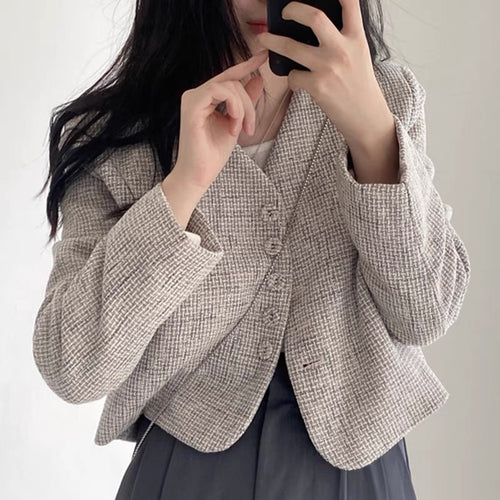 Collarless V-Neck Gray Plaids Tweed Cropped Jacket