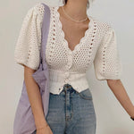 Scalloped V-Neck Pointelle Short Sleeve Cropped Top