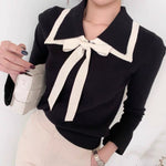 Knit Top with Double Layered Pointed Collar and Tie