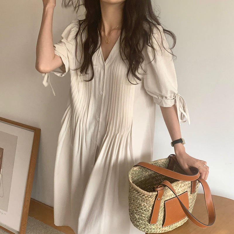 V-Neck Pleated Relaxed Dress