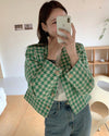 V-Neck Collarless Houndstooth Jacket with Pearly Buttons