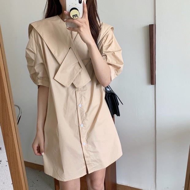 Designer Button-Up Shirt Dress with Oversized Cross-Over Collar