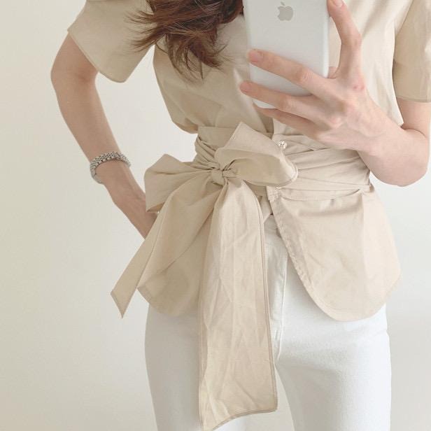 Puffed Short Sleeve Belted Shirt