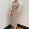 Round Neck Color Contrast Belted Knit Dress with Balloon Shirt Sleeves