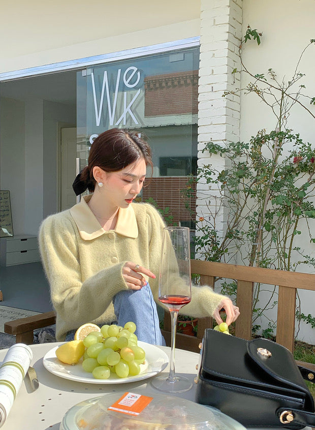 Sprout Green Angora Cardigan with Satin Peter Pan Collar