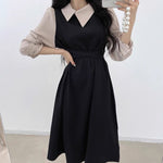 Korean Style Color Contrast Dress with Asymmetrical Collar