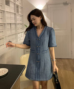 Short Sleeve V-Neck Blue Patterned Tweed A-Line Mini Dress