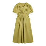 Matcha Green / Beige V-Neck Belted Dress with Pockets