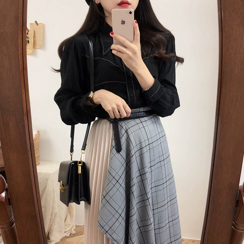 Designer Asymmetrical Half Pleated Half Checkered Midi Skirt with