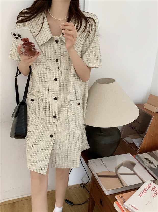 Short Sleeve Plaid Tweed Shift Dress with Oversized Collar