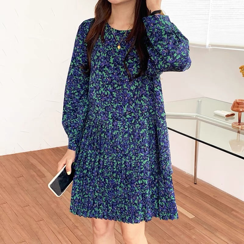 Long Sleeve Floral Print Tiered Pleated Mini Dress