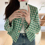 V-Neck Collarless Houndstooth Jacket with Pearly Buttons