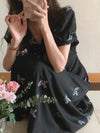 Short Sleeve V-Neck Black Chiffon Dress with Lavender Embroidery