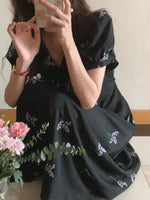 Short Sleeve V-Neck Black Chiffon Dress with Lavender Embroidery